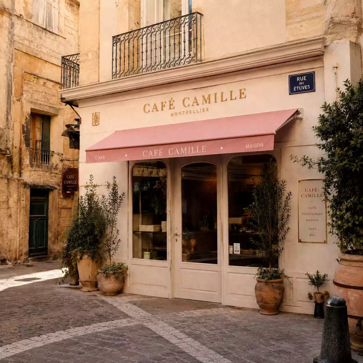 Façade du Café Camille dans une rue piétonne de Montpellier