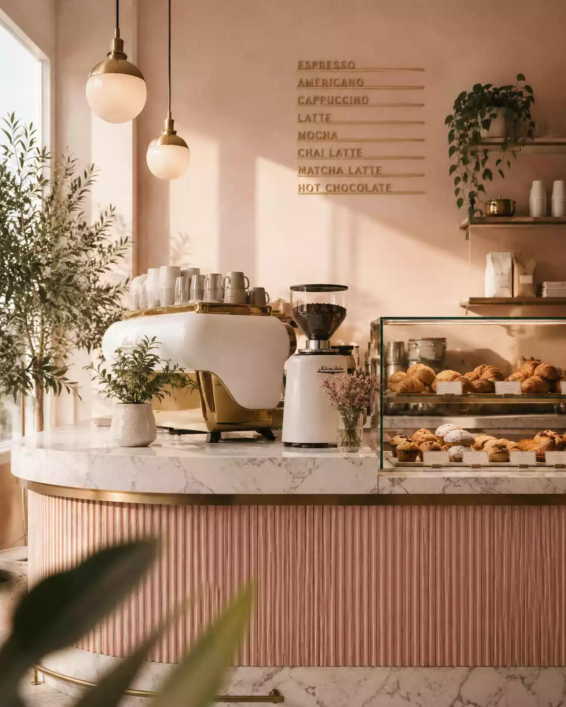 Comptoir du Café Camille avec ses tons rose poudré et crème
