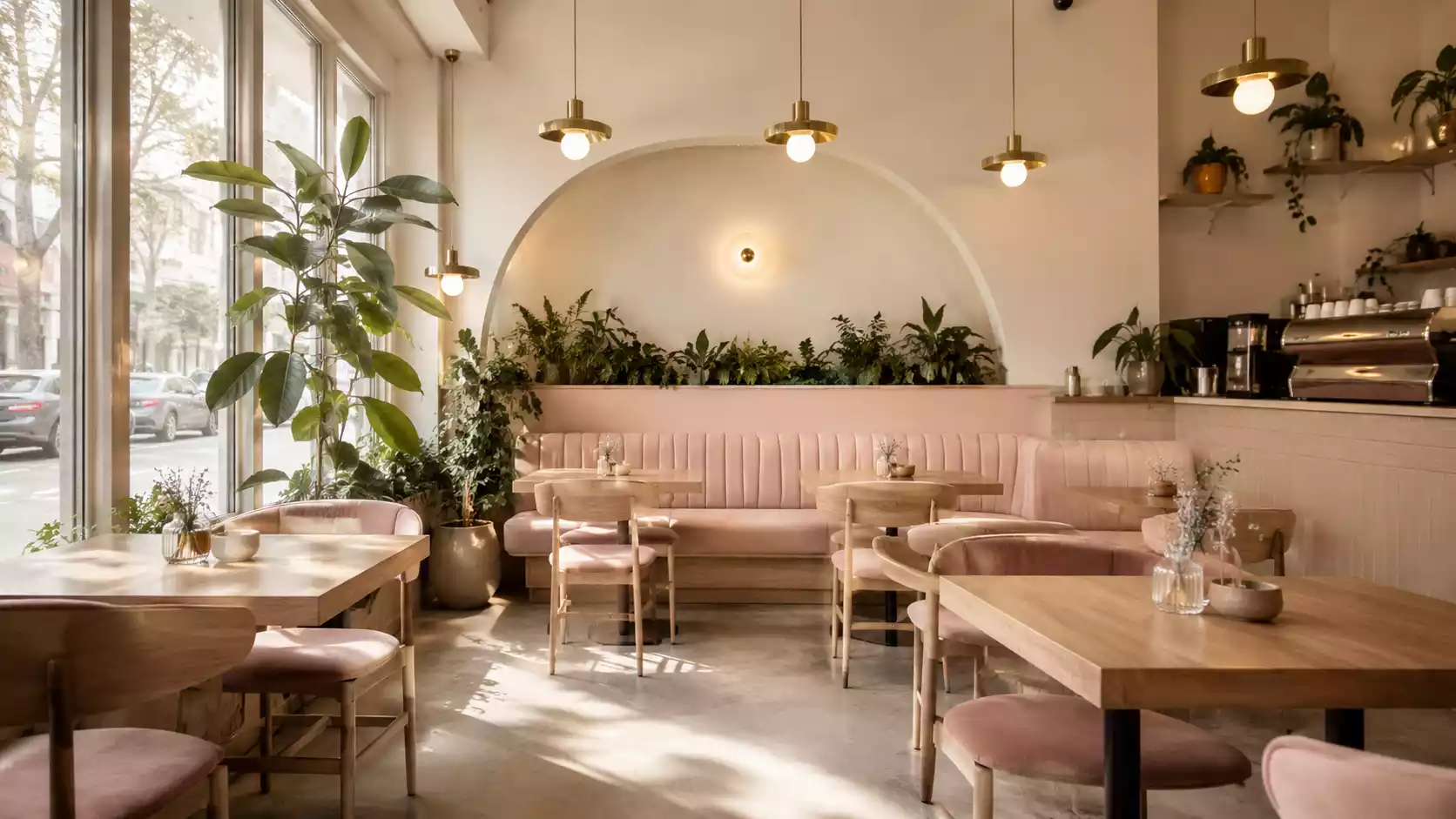 Intérieur cosy du Café Camille avec banquettes roses, plantes vertes et lumière naturelle