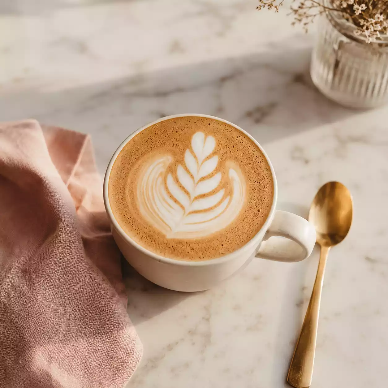 Latte art délicat dans une tasse crème avec cuillère dorée